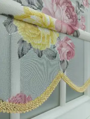 Sarı Pembe Çiçek Desenli Tül Stor Çiftli Sistem Perde- Sarı-pembe
