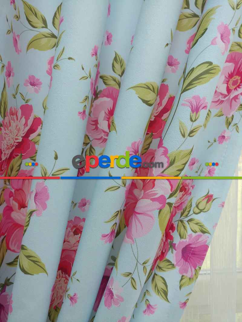 Yatak Odası - Çiçek Desenli Kaliteli Fon Perde Modelleri- Turkuaz-Pembe-Açık Yeşil