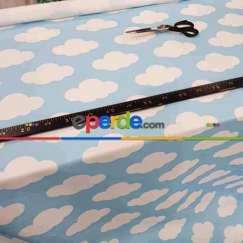 Bulut Desenli Fon Perde Evm484-1 Kumaşı Kalındır Duck Bezi Değildir- Beyaz-Mavi Açık