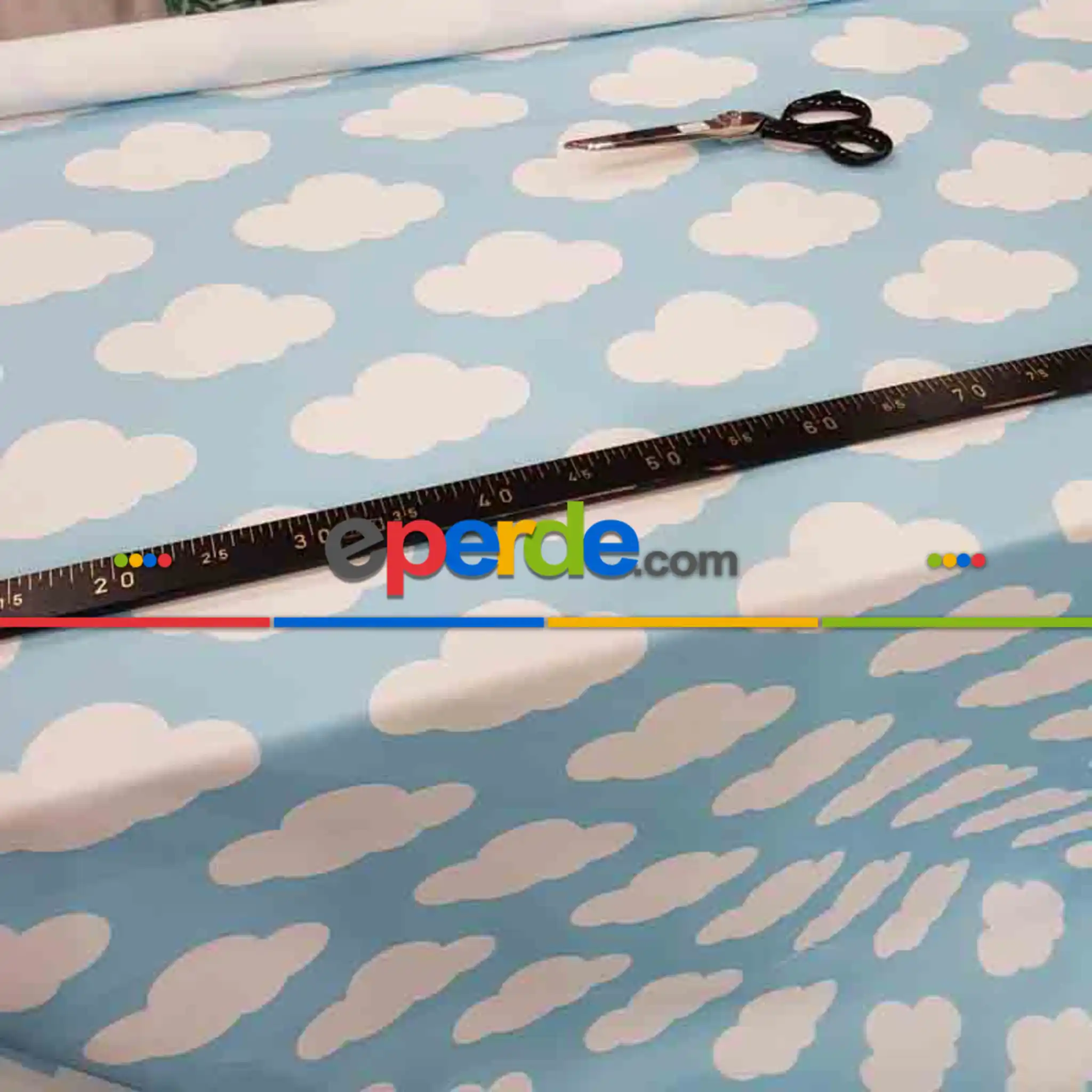 Bulut Desenli Fon Perde Evm484-1 Kumaşı Kalındır Duck Bezi Değildir- Beyaz-Mavi Açık