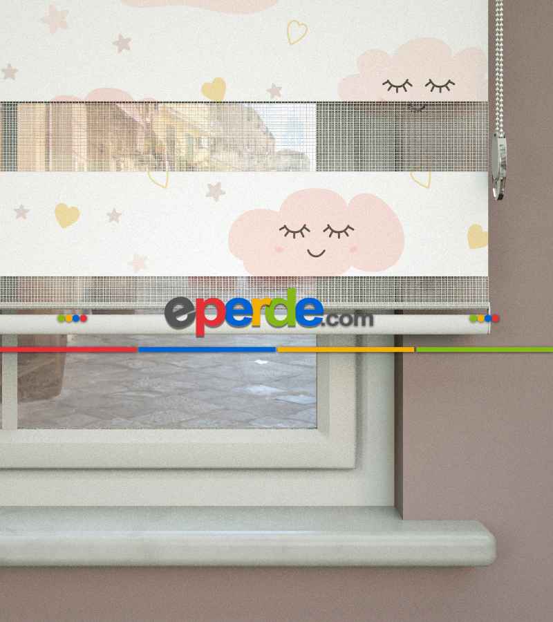 Bulut Desenli Baskılı Zebra Perde- Çok Renkli