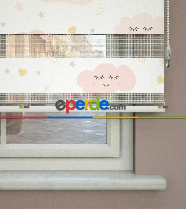 Bulut Desenli Baskılı Zebra Perde- Çok Renkli