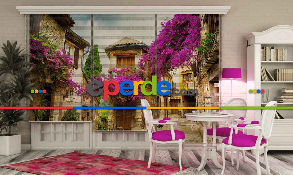 Mor Çiçekli Sokak - Baskılı Zebra Stor Perde- Çok Renkli 2