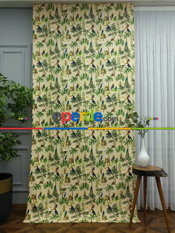 Tropikal Desenli Fon Perde Evm739 Kumaşı Kalındır Duck Bezi Değildir- Mavi-Kahverengi-Sarı-Beyaz-Krem-Açık Yeşil