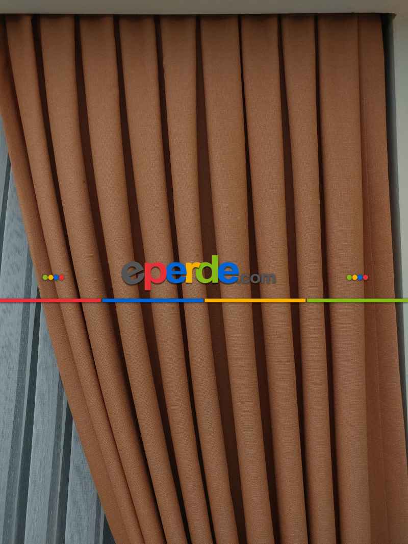 Yatak Odası - Keten Oranj Renk Düz Fon Perde- Turuncu