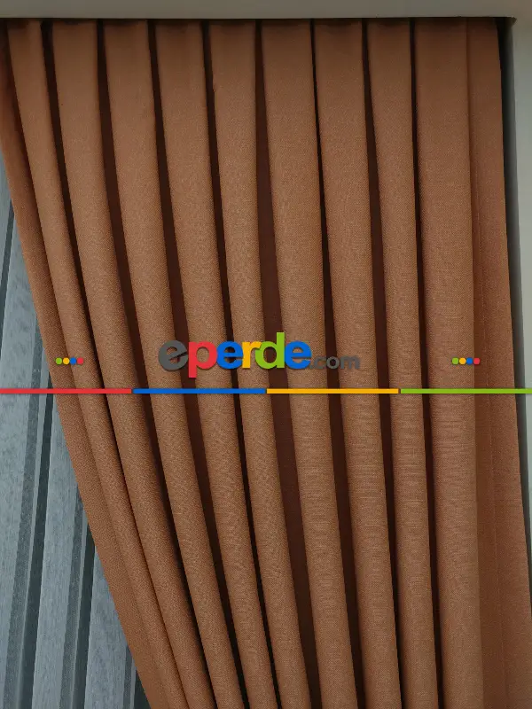 Yatak Odası - Keten Oranj Renk Düz Fon Perde- Turuncu