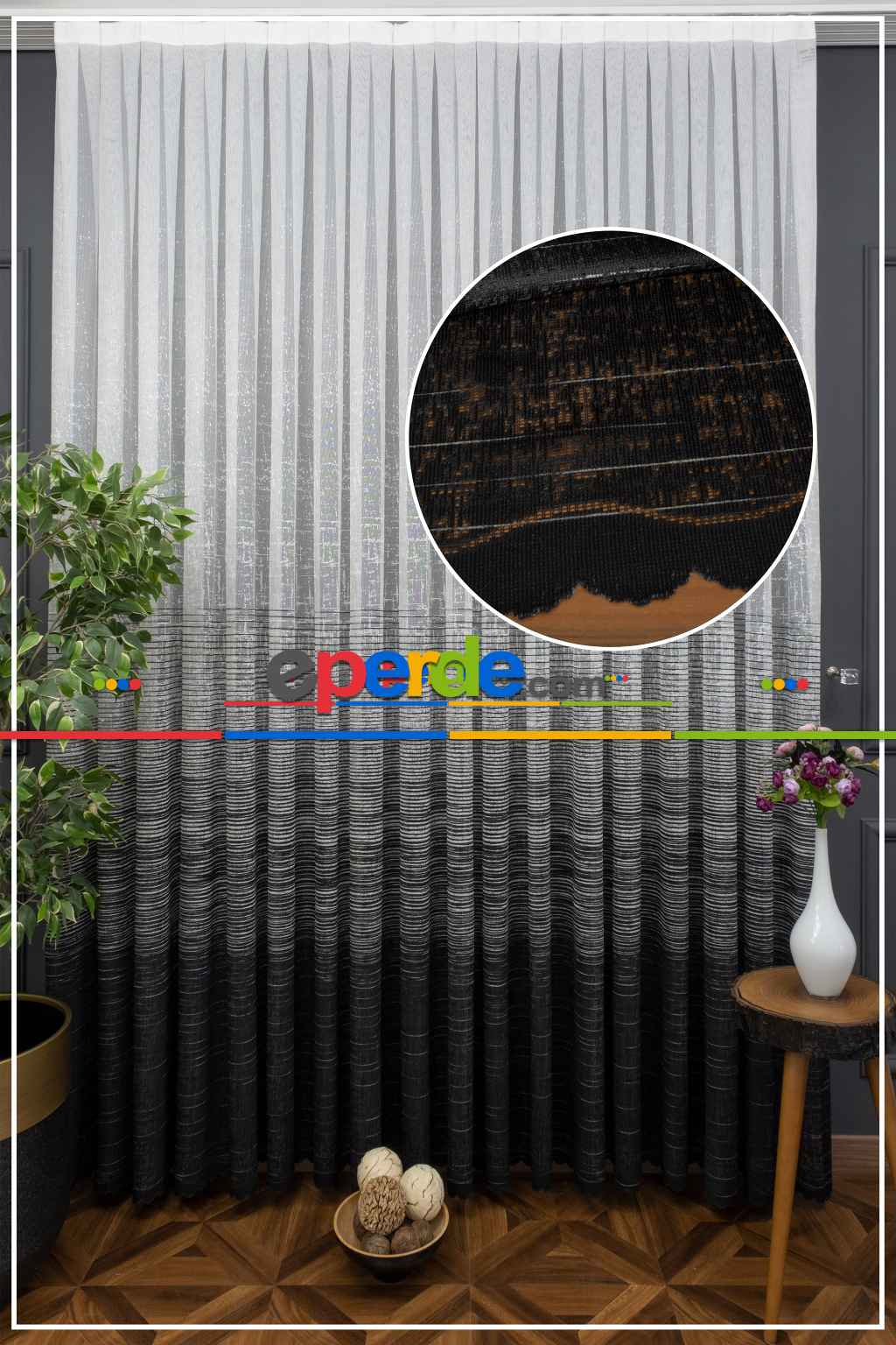 Hazır Ölçülü Çizgili Degrade Geçişli Modern Desenli Örme Tül - Siyah
