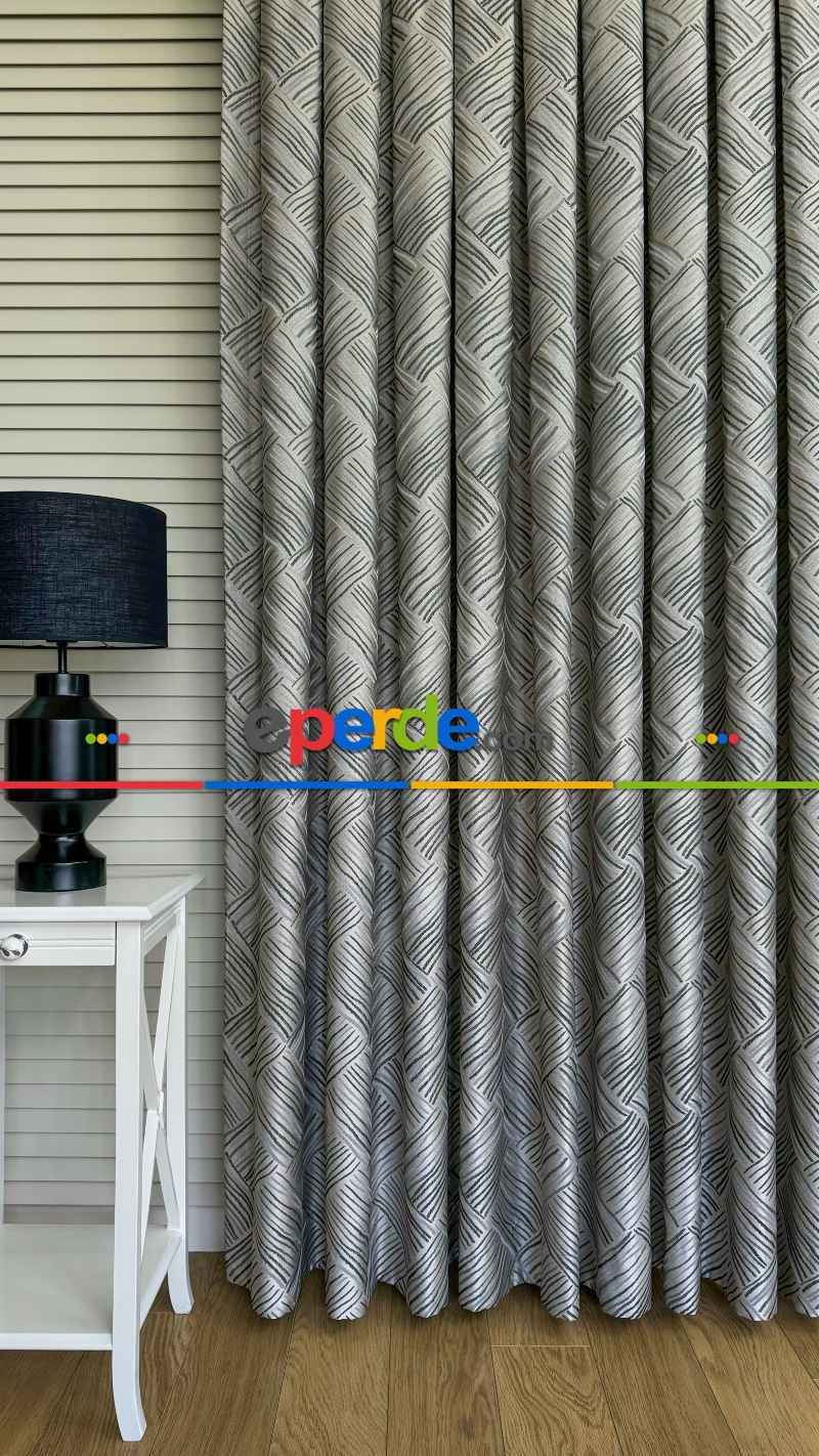 Gri / Petrol Yeşil Çizgili Desen Premium Jakar Dokuma Fon Perde