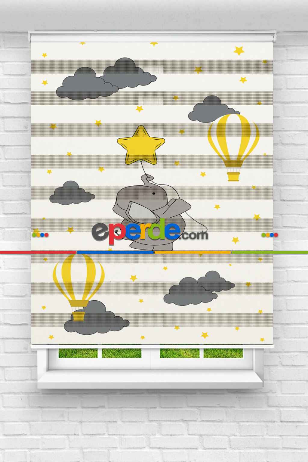 Çocuk Odası - Sarı Balon Ve Yavru Fil Baskılı Zebra Perde