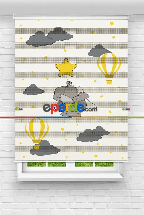 Çocuk Odası - Sarı Balon Ve Yavru Fil Baskılı Zebra Perde