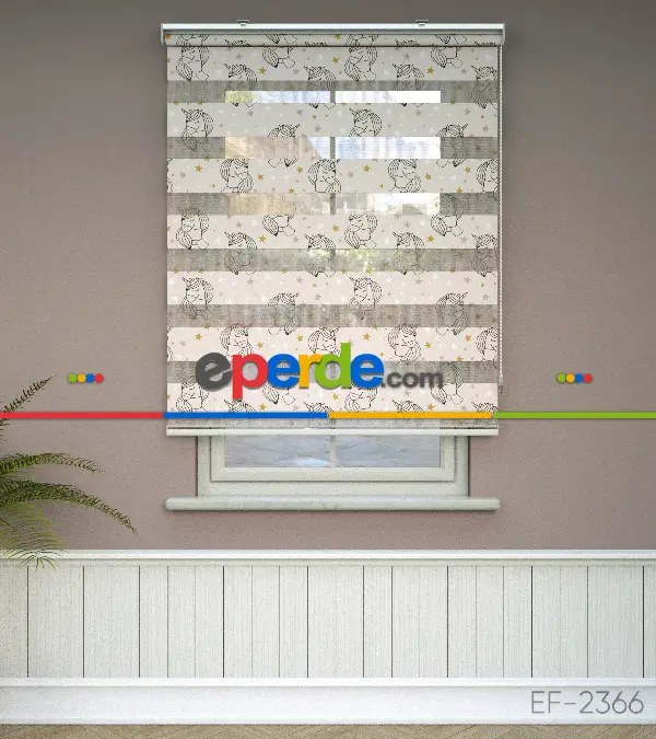 Unicorn Desenli Baskılı Zebra Perde- Çok Renkli