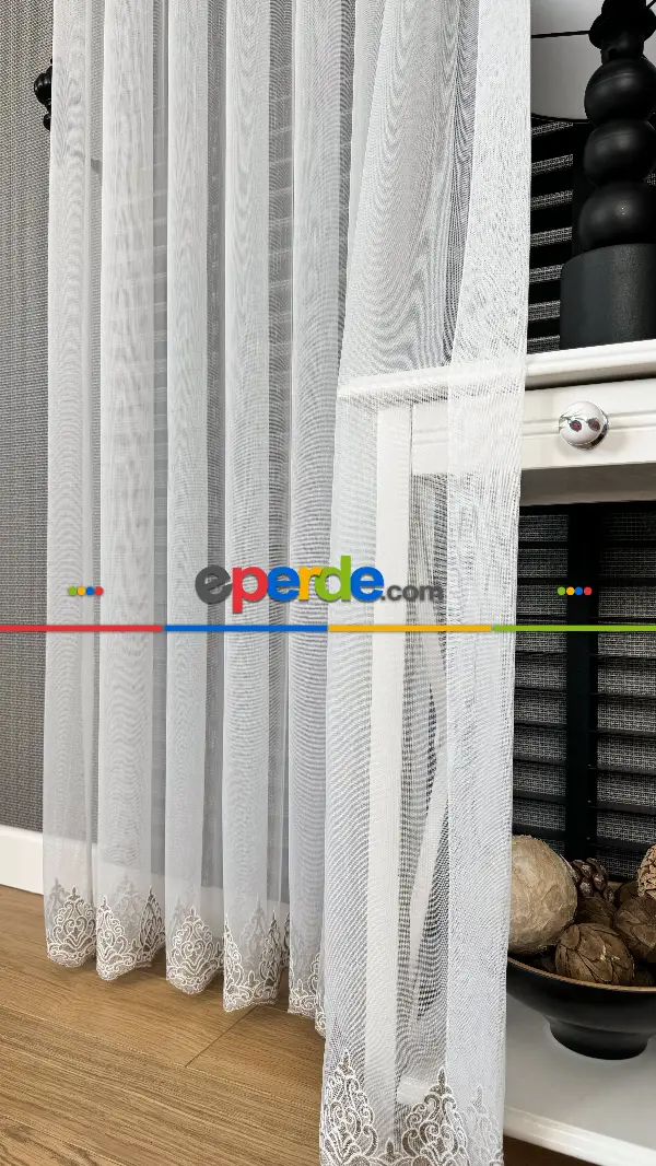 Ekru Bej Etek Ucu Özel İplik Hafif Simli Damask Brode İşlemeli Tül Perde - Ağır Gramajlı Premium Nakışlı