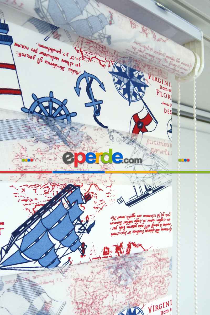 Çocuk Odası - Gemici Desen Zebra Perde Kıds 4343-04- Mavi