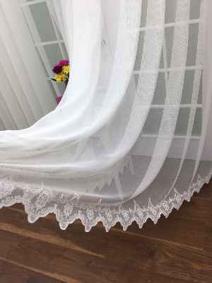 Çok Dökümlü Örme Tül Perde - Etek Ucu Desenli - Ekru Renkli - Kruvaze Model Seçenekli