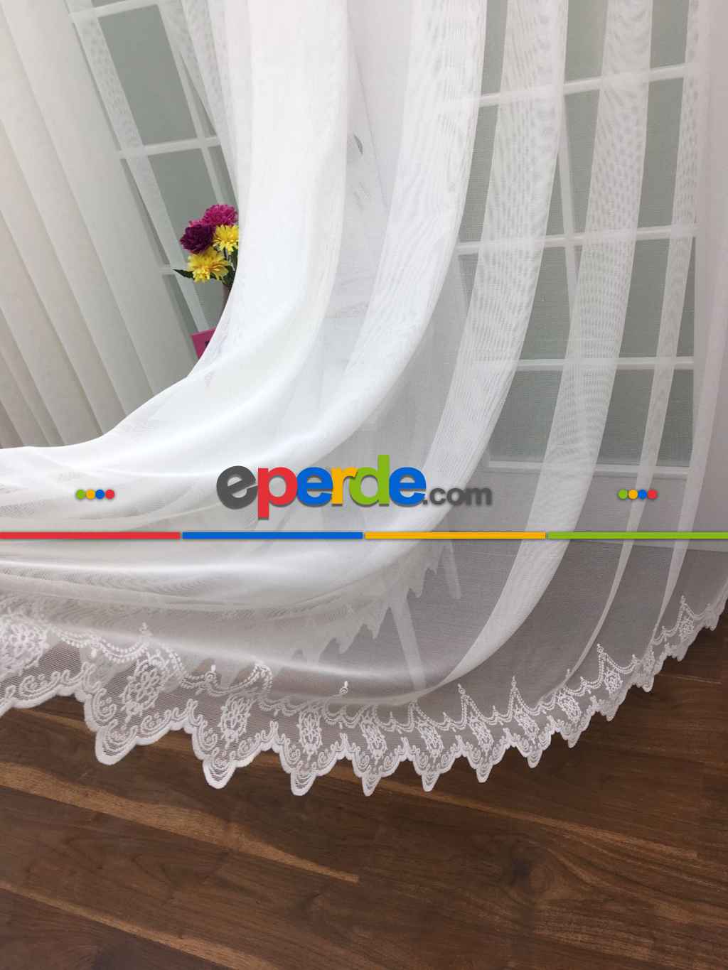 Çok Dökümlü Örme Tül Perde - Etek Ucu Desenli - Ekru Renkli - Kruvaze Model Seçenekli