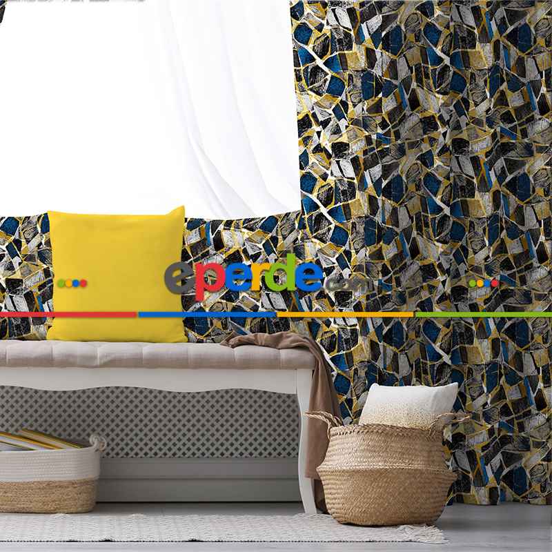 Oturma Odası Fon Perde Evim736 Kumaşı Kalındır Duck Bezi Değildir- Mavi-beyaz