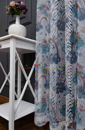 Hazır Ölçülü Petek Zemin Mavi Mor Renkli Bulut Ve Gökkuşağı Desenli Grek Baskılı Tül Perde