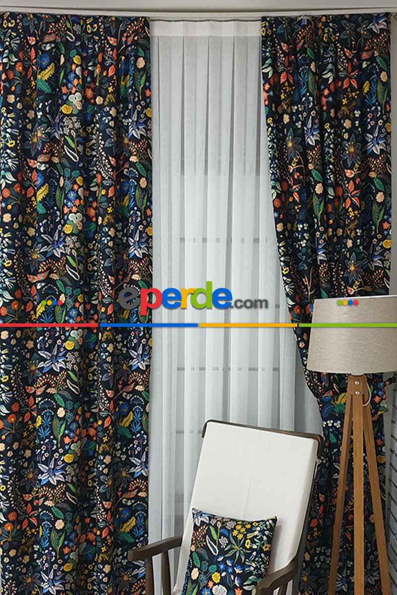 Mavi Çiçek Desenli Fon Perde Evm624 Kumaşı Kalındır Duck Bezi Değildir- Siyah-Mavi-Beyaz-Çok Renkli