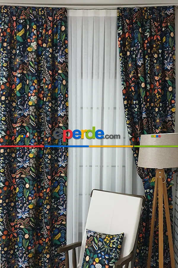 Mavi Çiçek Desenli Fon Perde Evm624 Kumaşı Kalındır Duck Bezi Değildir- Siyah-Mavi-Beyaz-Çok Renkli