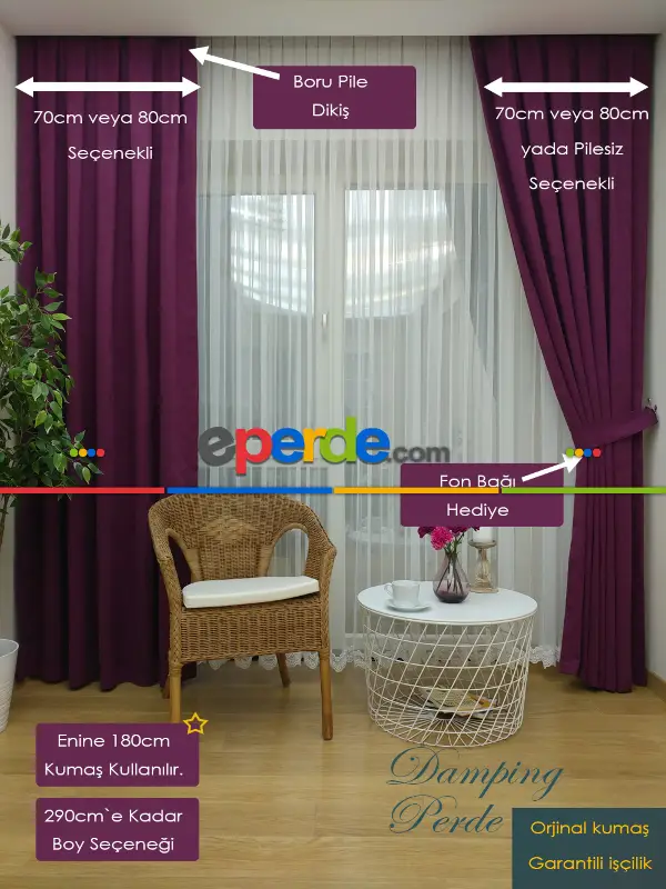 Salon Fon - Mor Düz Fon Perde  - Boru Pile- Mor