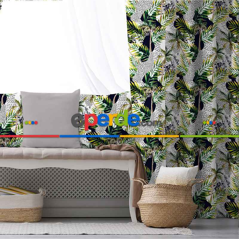 Tropik Desenli Fon Perde Evim584 Kumaşı Kalındır Duck Bezi Değildir- Mavi-beyaz