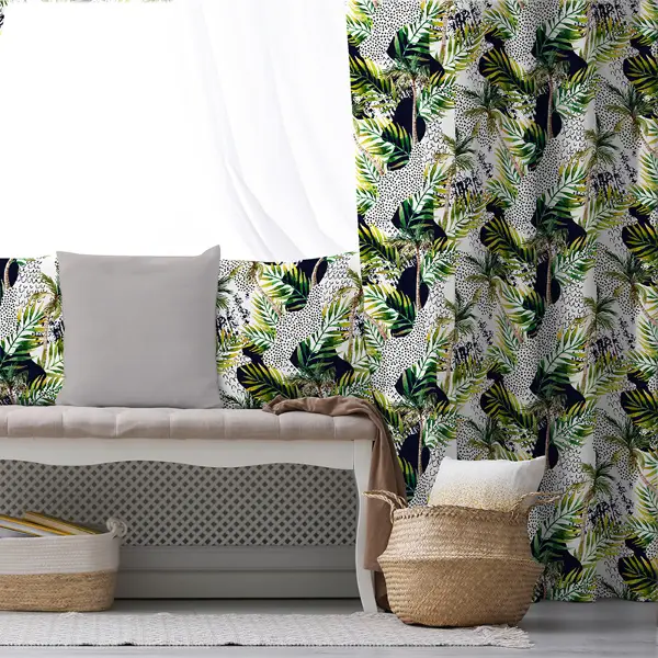 Tropik Desenli Fon Perde Evim584 Kumaşı Kalındır Duck Bezi Değildir- Mavi-beyaz