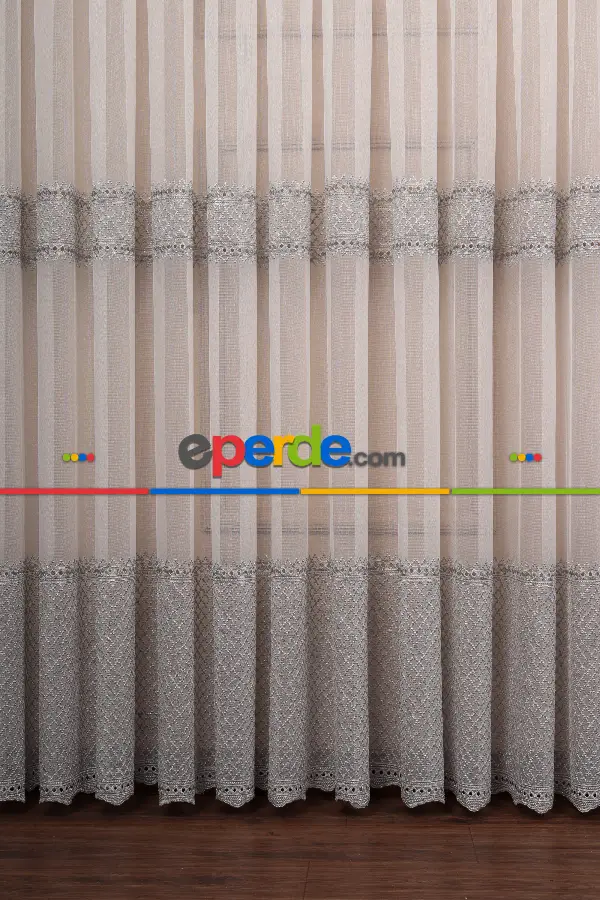 Enine Bantlı Avangart Nakış İşlemeli Tül Perde