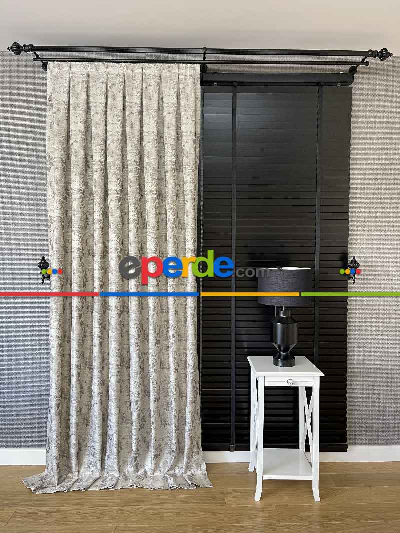 Bej Kahve Desenli Jakar Fon Perde (180)- Kahve Açık