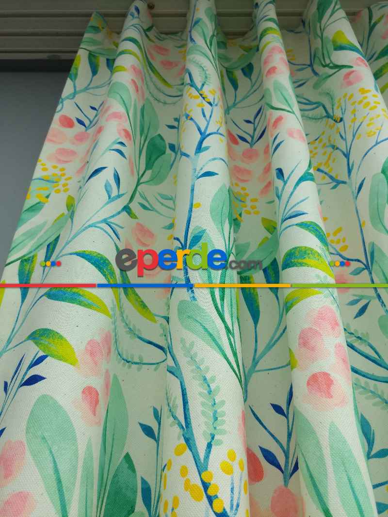 Mutfak Perdesi Kanat Fon Perde Çiçek Desenli- Yeşil