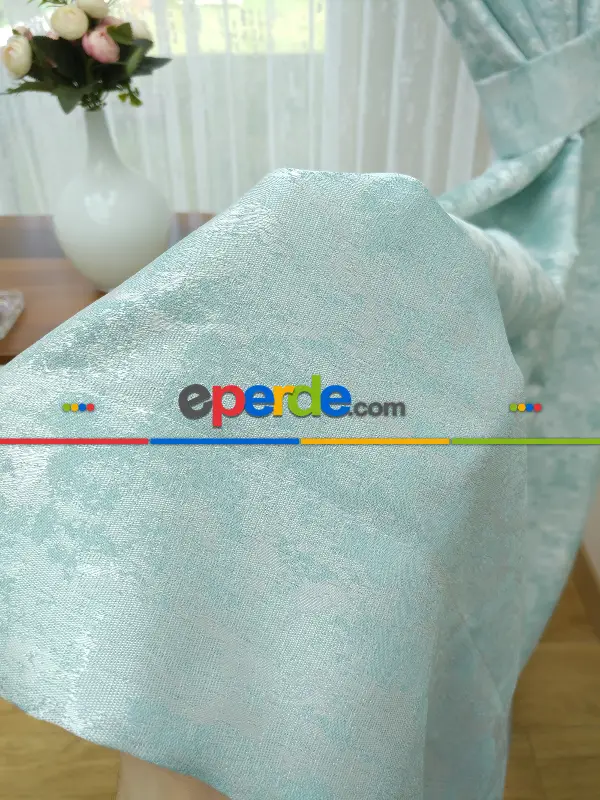 Patine Desenli Su Yeşil - Katyonik Jakar Fon Perde- Su Yeşili