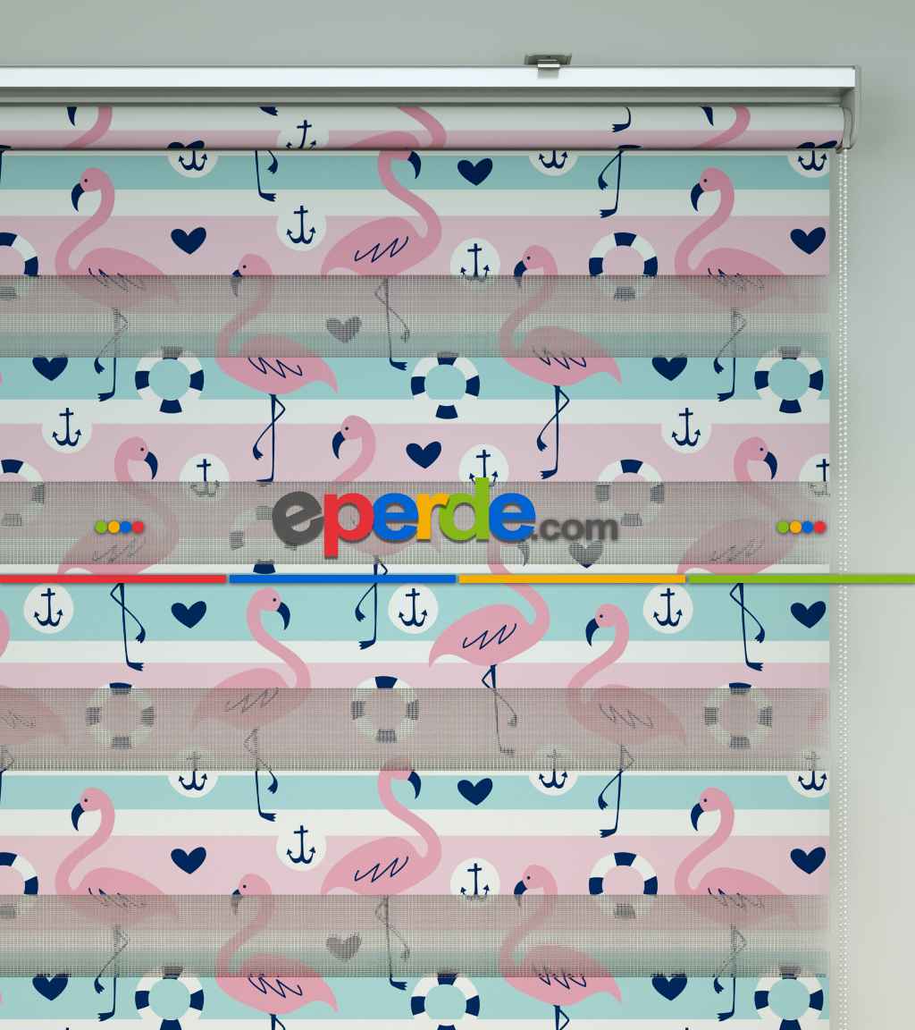Çocuk Odası Zebra Perde - Flamingo Desen Baskılı Zebra Perde- Mavi-Beyaz-Pembe
