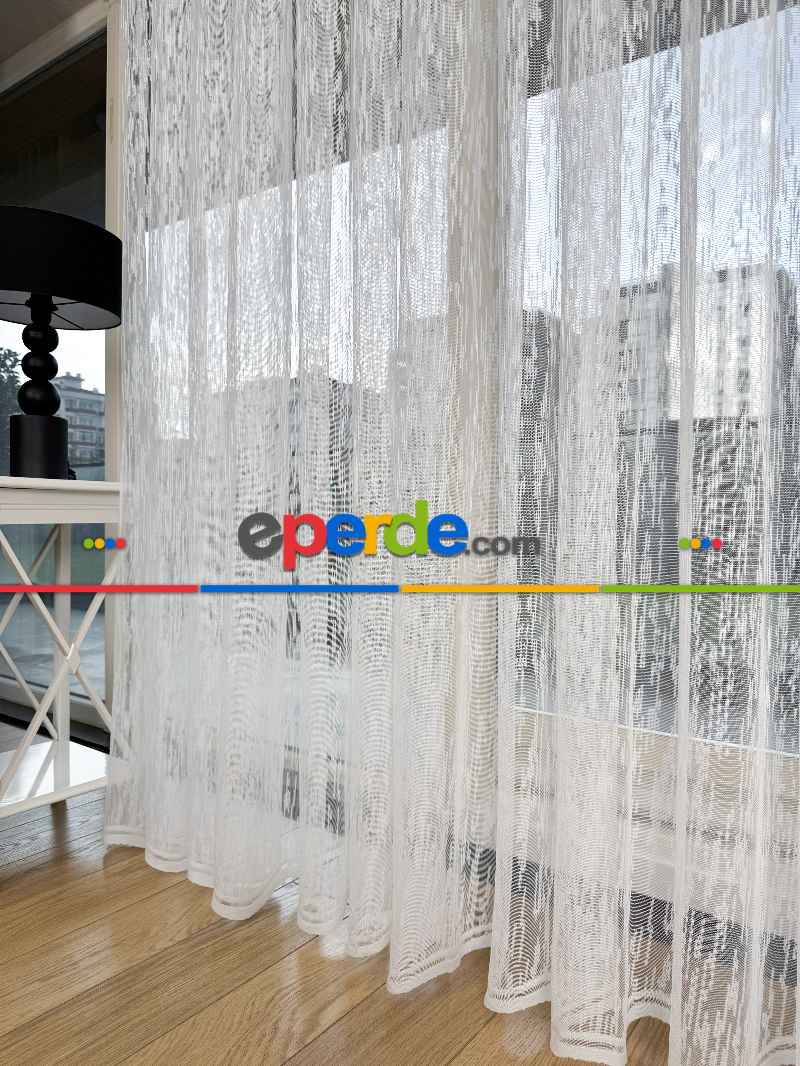 Ekru Çizgili Desenli Fransız Dantel Örme Tül Perde, Ütü İstemeyen Tül