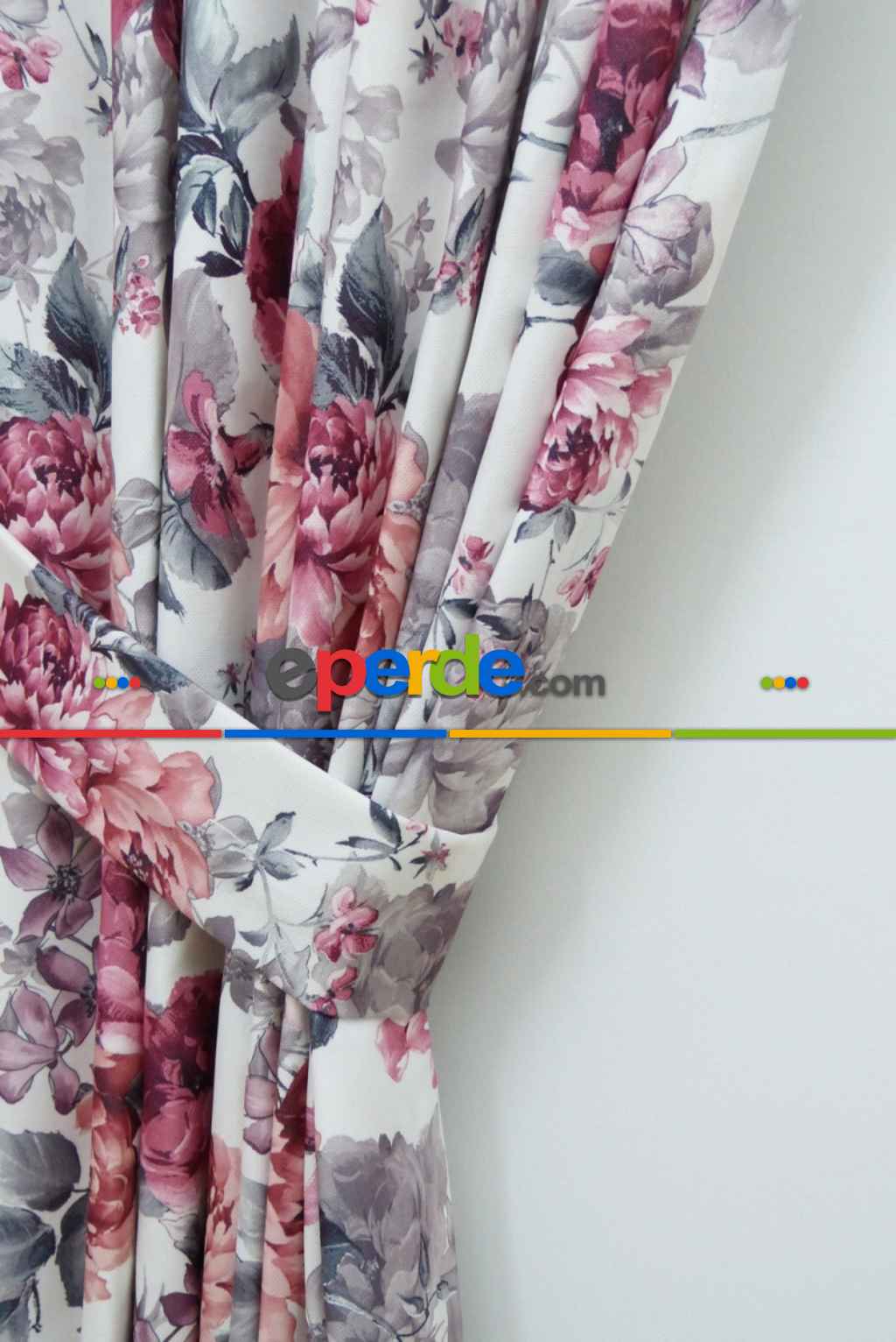 Fon Perde Desenli 55487 Güllü ( Pembe - Mor - Gri )- Gri-Füme-Antrasit-Pembe