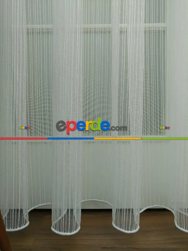 Ekru / Açık Krem Detaylı - Boyuna Çizgili Keten Tül Perde- Krem-ekru - Kurşunlu Tül