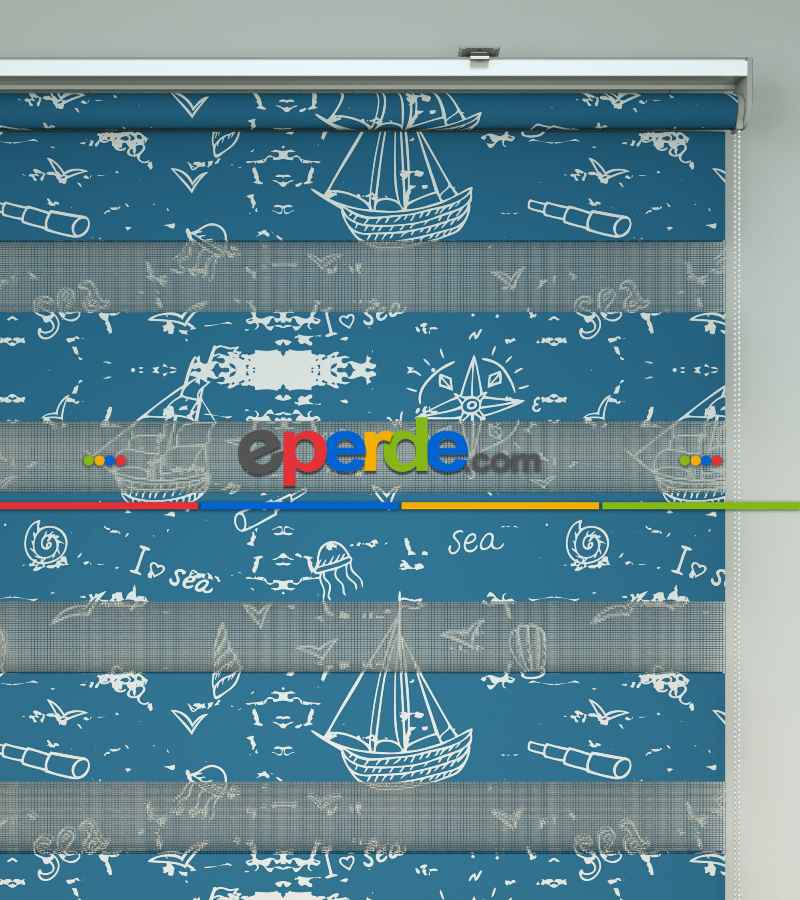 Çocuk Odası Zebra Perde - Gemi Baskılı Zebra Perde- Mavi-Beyaz
