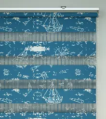 Çocuk Odası Zebra Perde - Gemi Baskılı Zebra Perde- Mavi-Beyaz