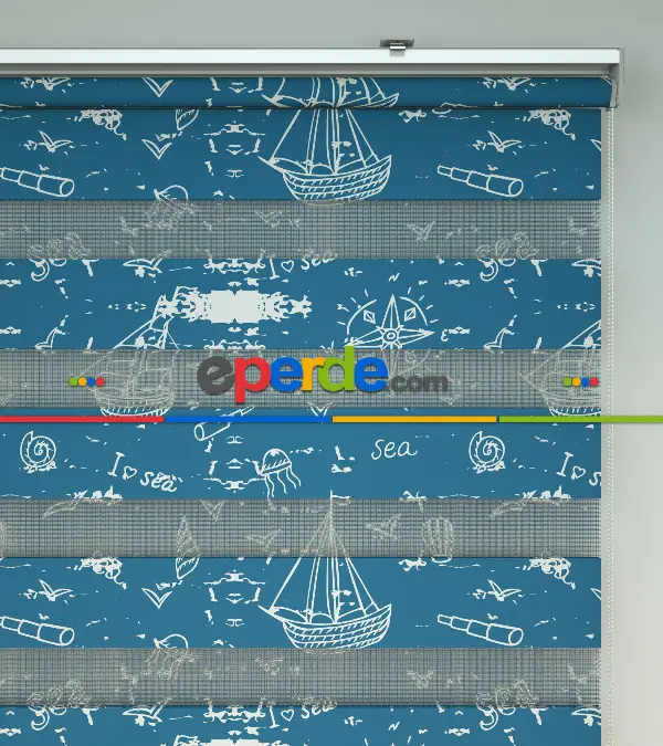 Bebek Odası Zebra Perde - Gemi Baskılı Zebra Perde- Mavi-Beyaz