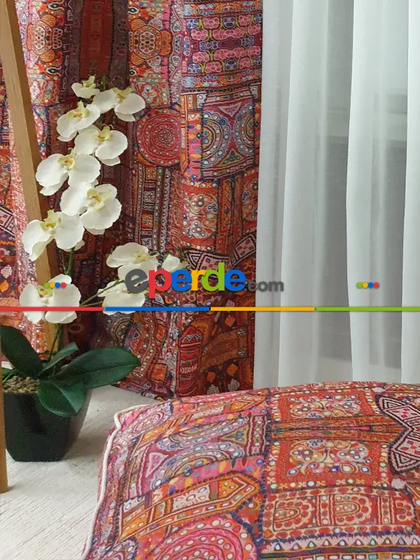 Hint El İşlemesi Desenli Baskılı Fon Perde - Kampanyalı Kaliteli Ürün- Turuncu- Çok Renkli 3