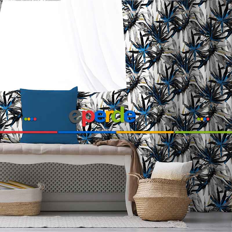 Lacivert Tropik Desenli Fon Perde Evim738 Kumaşı Kalındır Duck Bezi Değildir- Mavi-beyaz