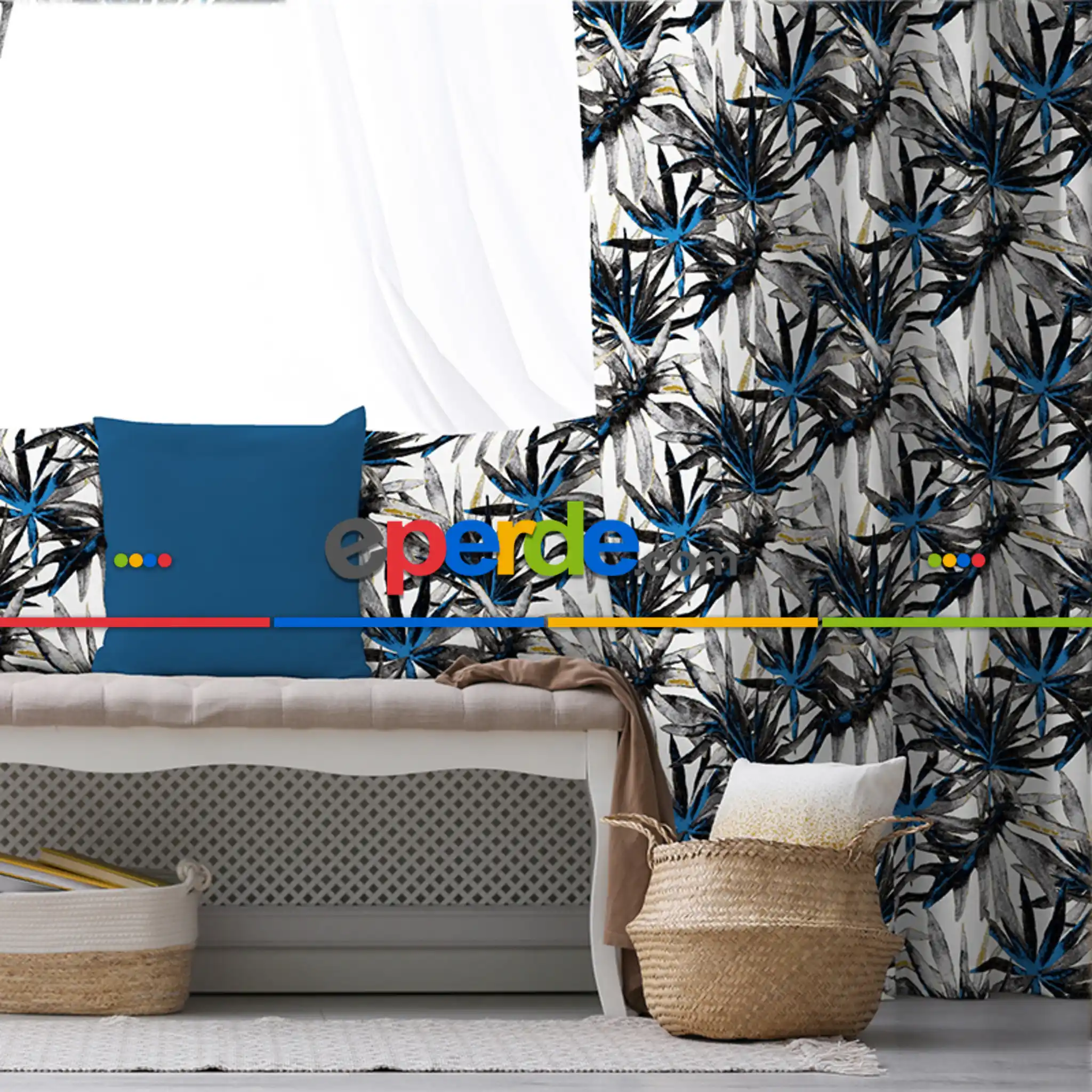 Lacivert Tropik Desenli Fon Perde Evim738 Kumaşı Kalındır Duck Bezi Değildir- Mavi-beyaz