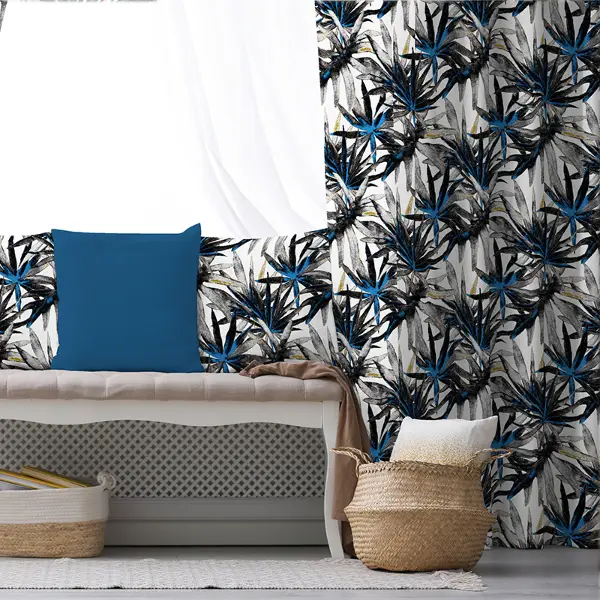 Lacivert Tropik Desenli Fon Perde Evim738 Kumaşı Kalındır Duck Bezi Değildir- Mavi-beyaz
