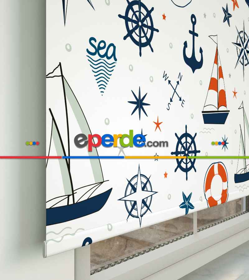 Denizci Desenli Baskılı Stor Perde- Lacivert-kırmızı-ekru