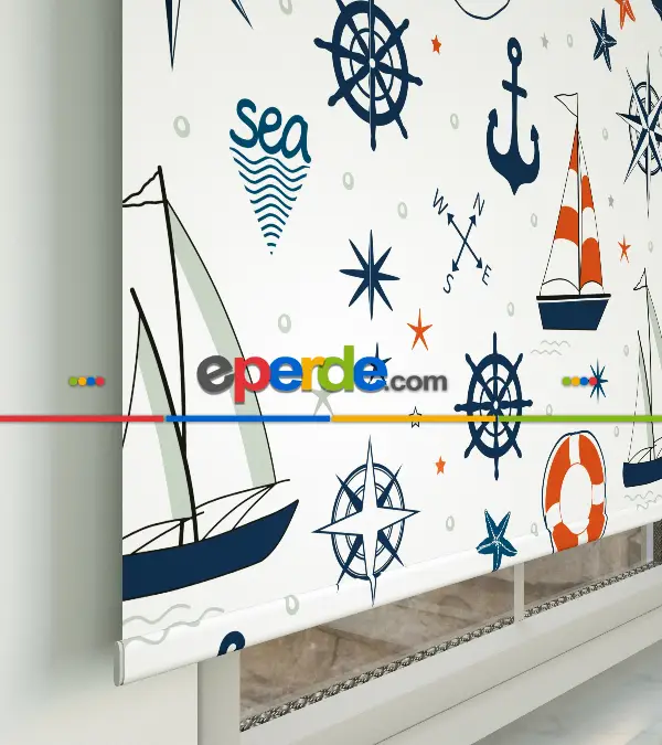 Bebek Odası Stor Perde - Denizci Desenli Baskılı Stor Perde- Lacivert-Kırmızı-Ekru