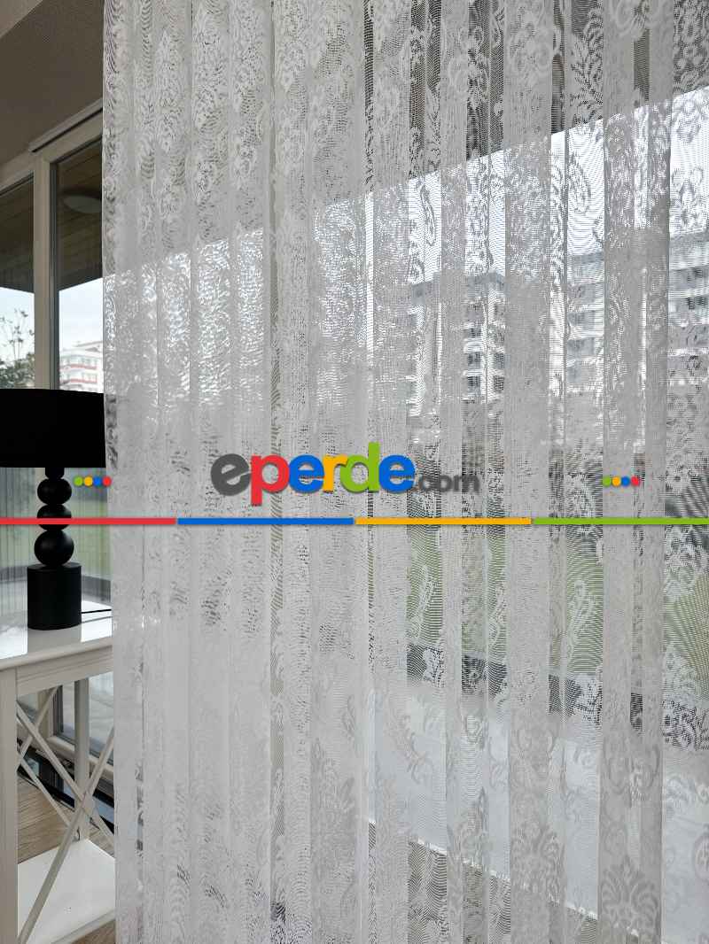 Oturma Odası - Damask Desenli Fransız Dantel Örme Tül Perde, Desenli Ütü İstemeyen Tül