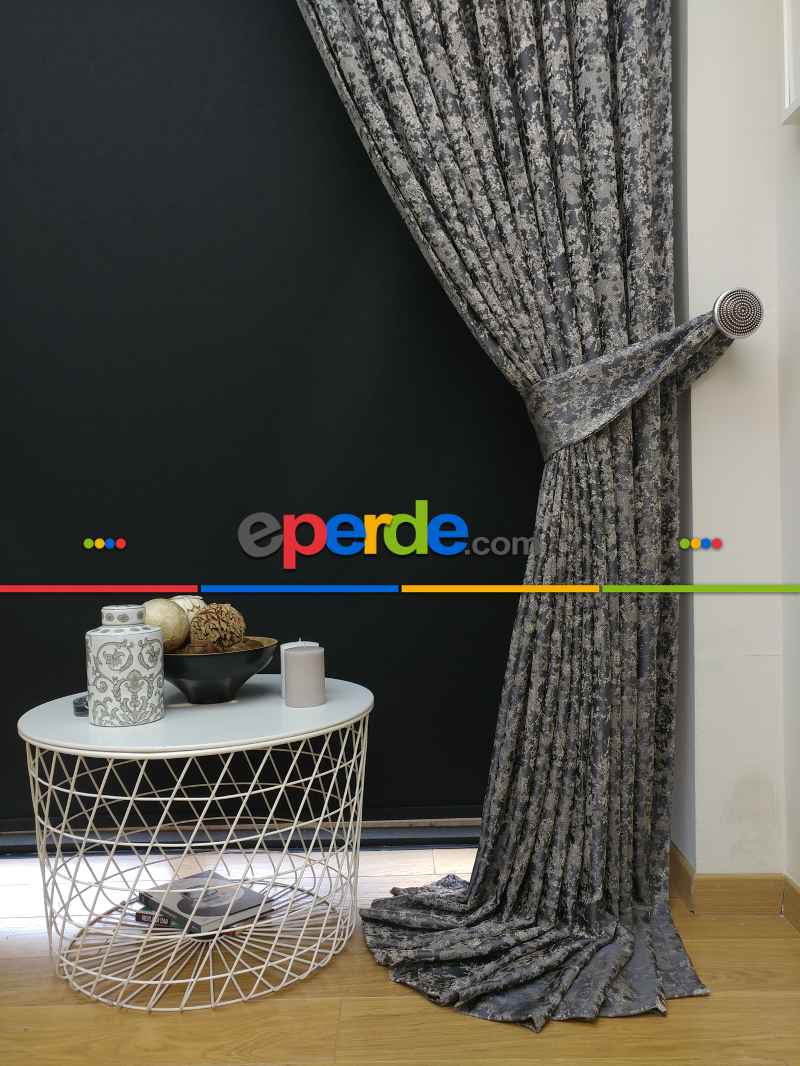 Patine Desenli Krem Antresit Desenli Jakar Fon Perde (180cm En)- Antrasit