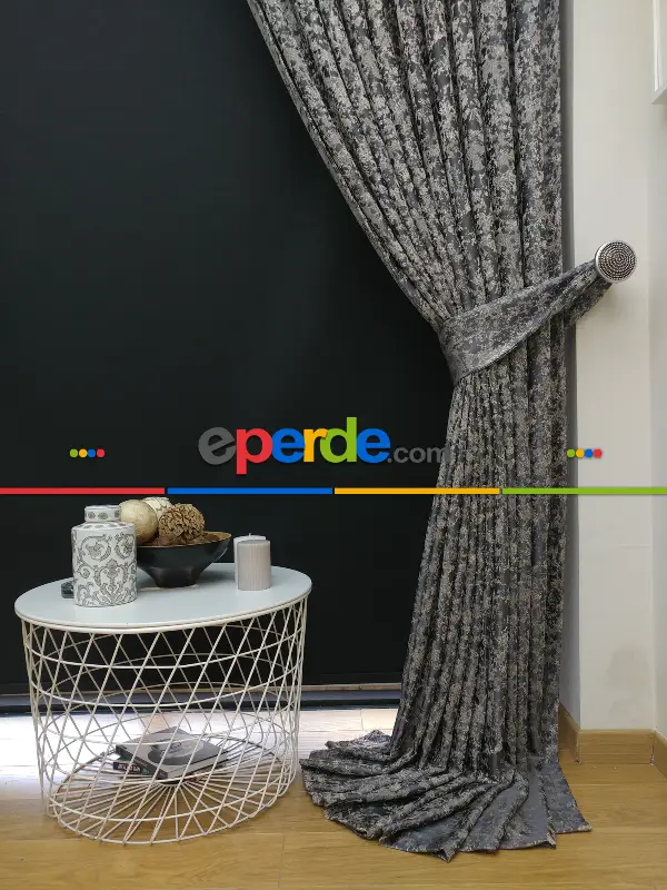 Patine Desenli Krem Antresit Desenli Jakar Fon Perde (180cm En)- Antrasit