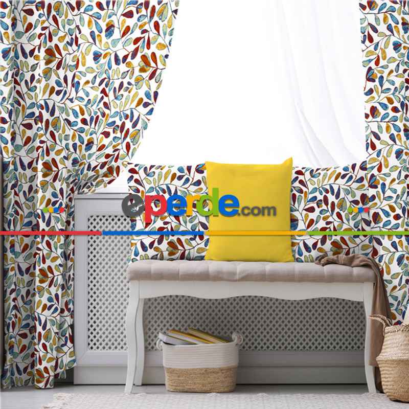 Yaprak Desenli Fon Perde Evim784 Kumaşı Kalındır Duck Bezi Değildir- Mavi-beyaz