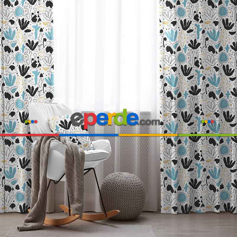 Çocuk Odası - Mavi Siyah Desenli Fon Perde Evim428 Kumaşı Kalındır Duck Bezi Değildir- Mavi-beyaz