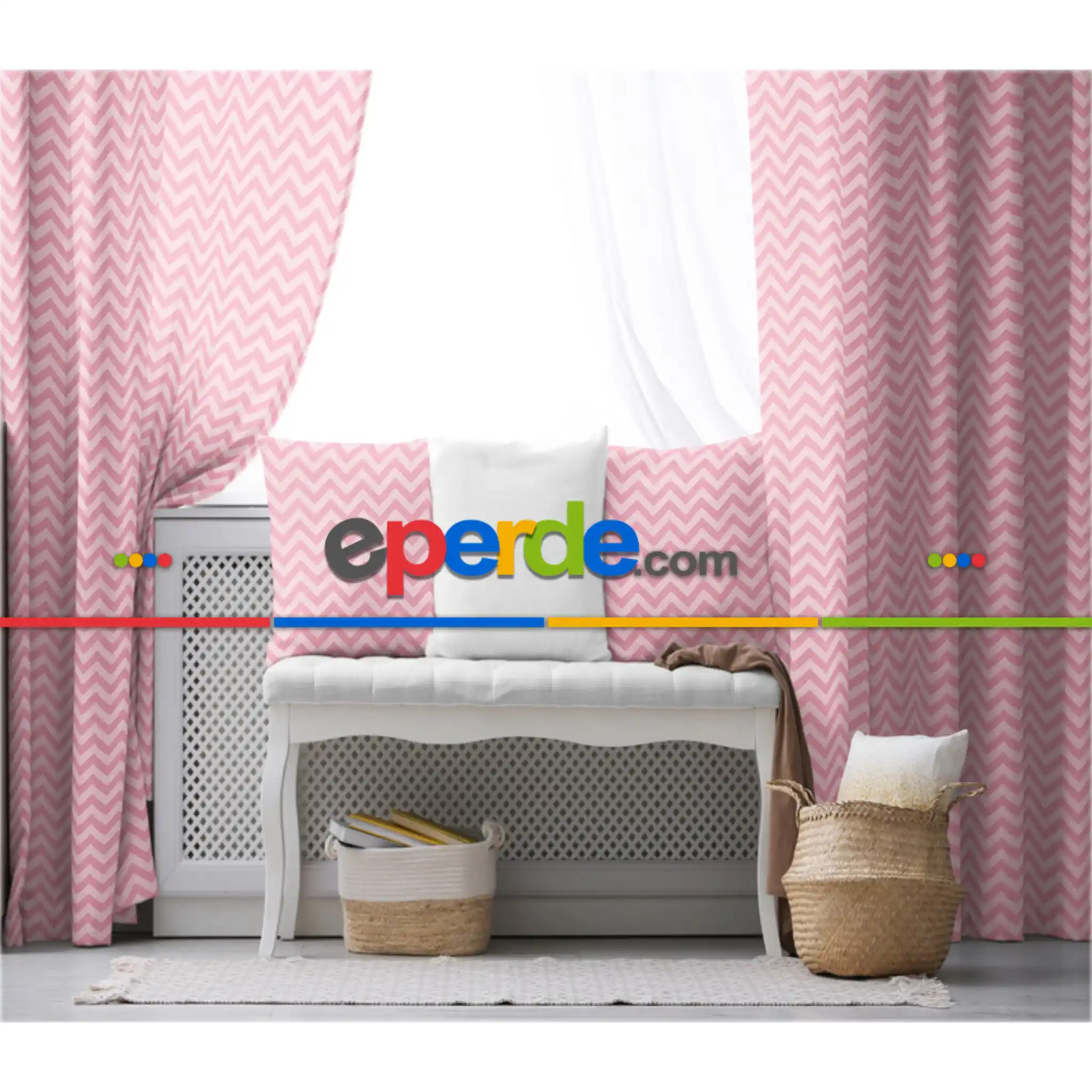 Kız, Çocuk ve Bebek Odası Fon Perde - Pembe Beyaz