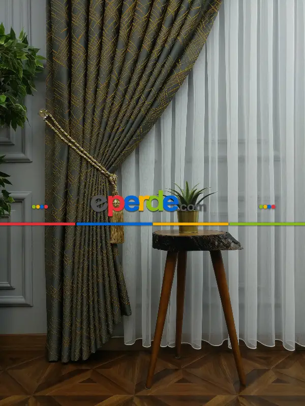 Jakar Desenli Fon Perde- Füme-hardal Sarısı